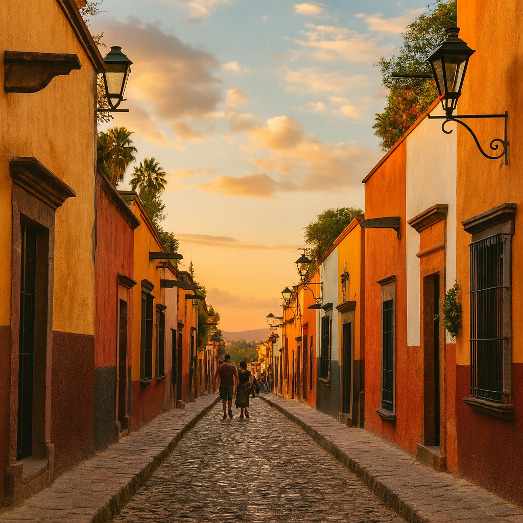 Real Estate San Miguel de Allende - Inside San Miguel Calle empedrada y colorida de San Miguel de Allende al atardecer, con parejas caminando entre casas coloniales.