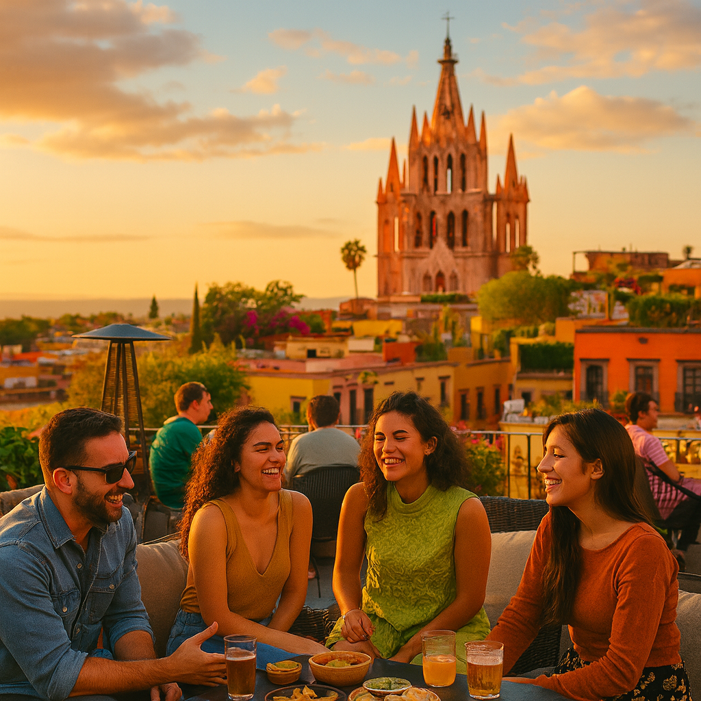 Real Estate San Miguel de Allende - Inside San Miguel Grupo de amigos conviviendo en una terraza de San Miguel de Allende con vista a la Parroquia de San Miguel Arcángel durante la golden hour