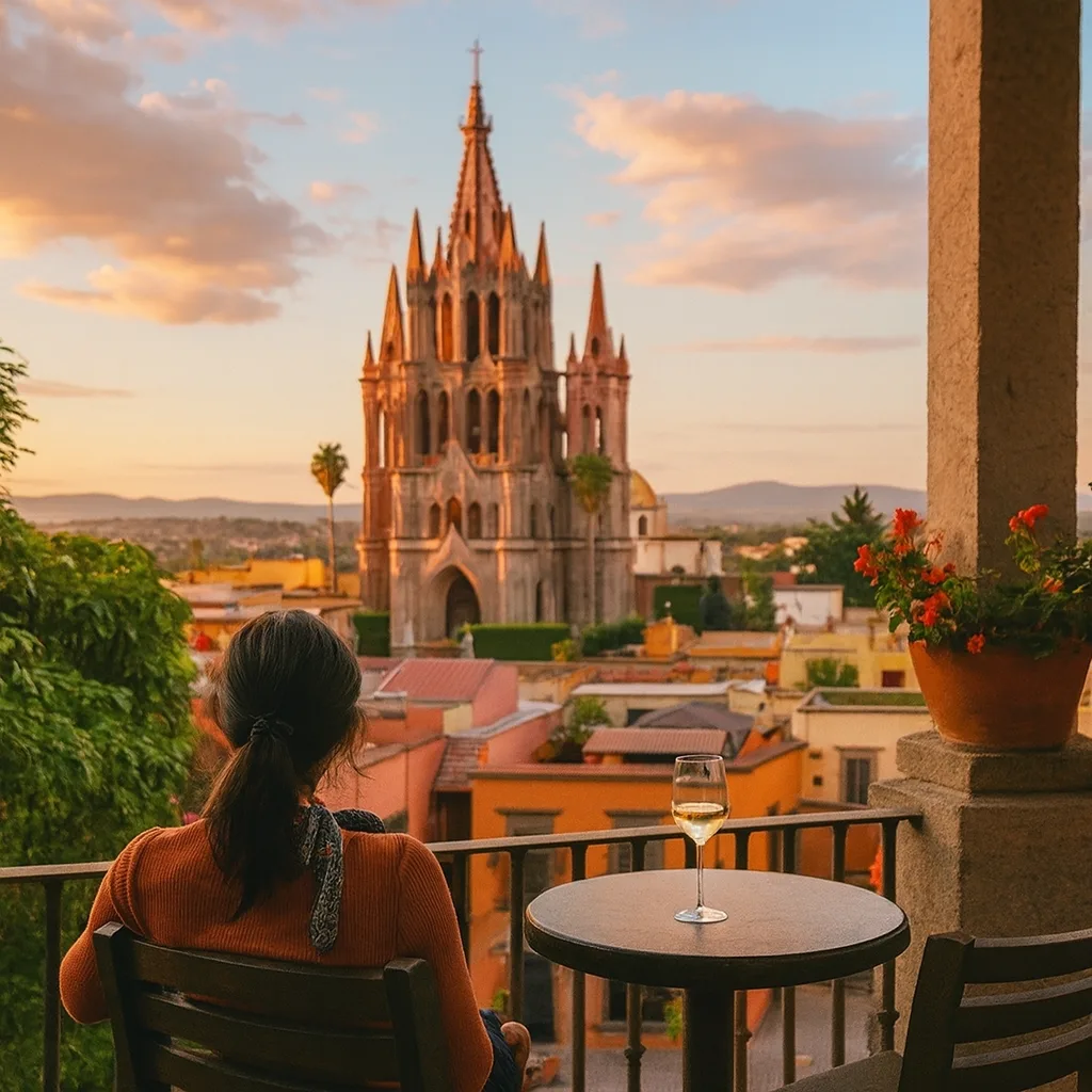 Vista desde una terraza en San Miguel de Allende durante el atardecer, con mujer disfrutando la panorámica hacia la Parroquia de San Miguel Arcángel
