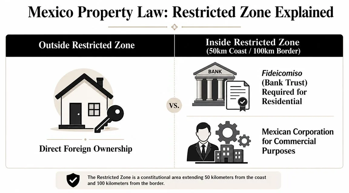 An infographic explaining Mexico property law, comparing direct foreign ownership outside restricted zones versus bank trusts inside them.