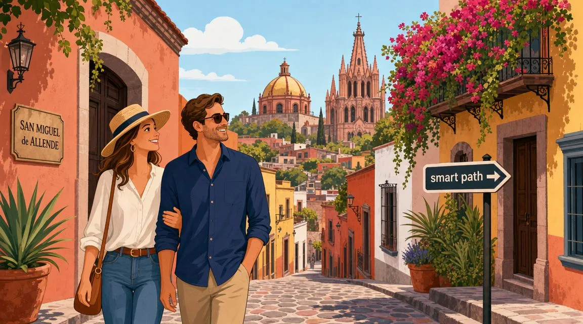 A happy couple walking down a sunlit, cobblestone street in San Miguel de Allende, Mexico, near historic architecture.