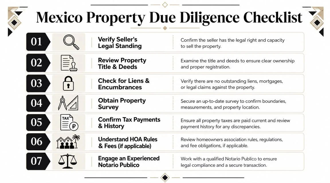 A checklist infographic detailing essential due diligence steps for buying real estate property in Mexico.
