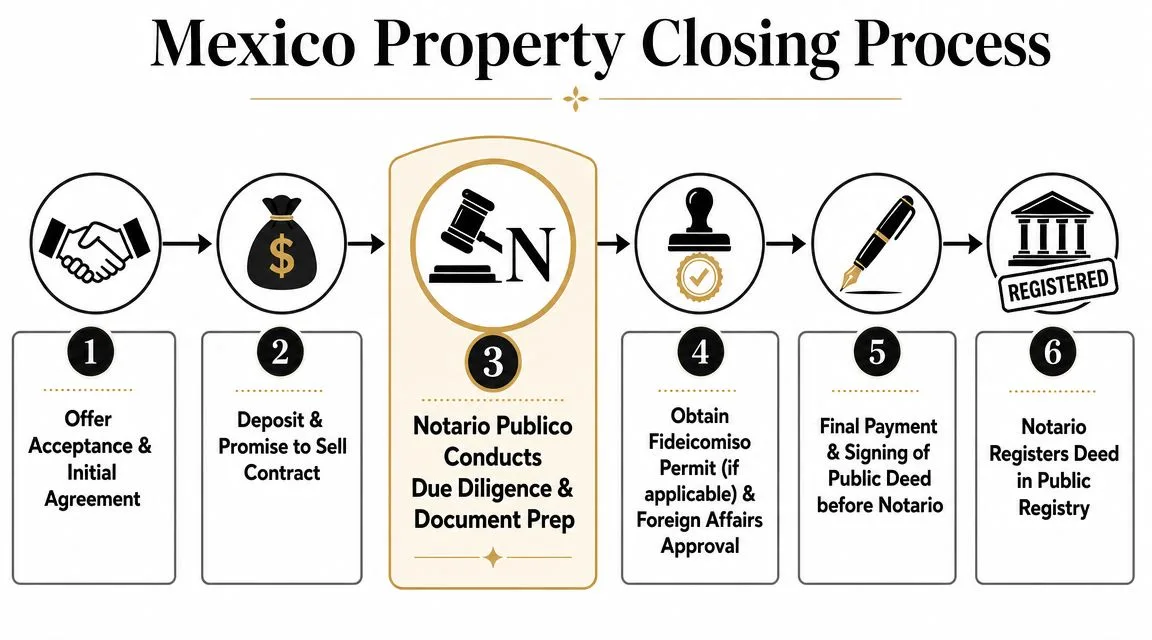 A flowchart showing the six-step Mexico property closing process from offer acceptance to final deed registration.