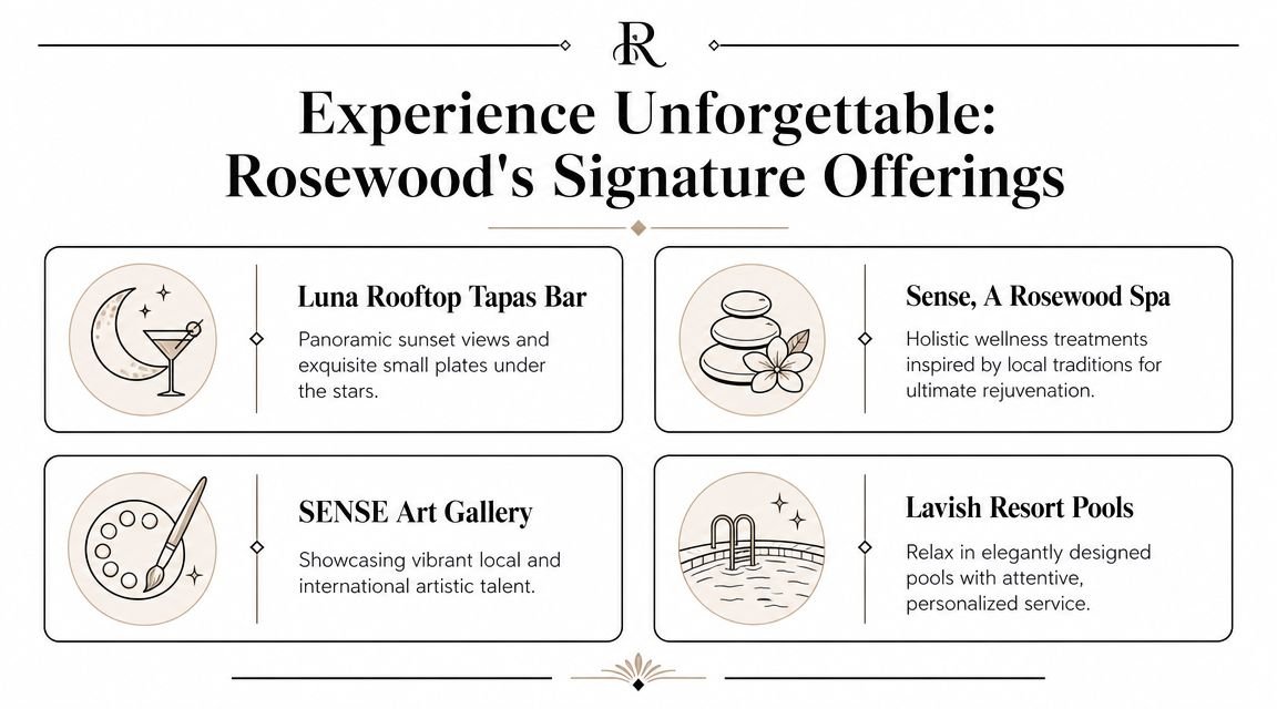 A promotional graphic detailing Rosewood hotel signature amenities including a rooftop bar, spa, art gallery, and pools.