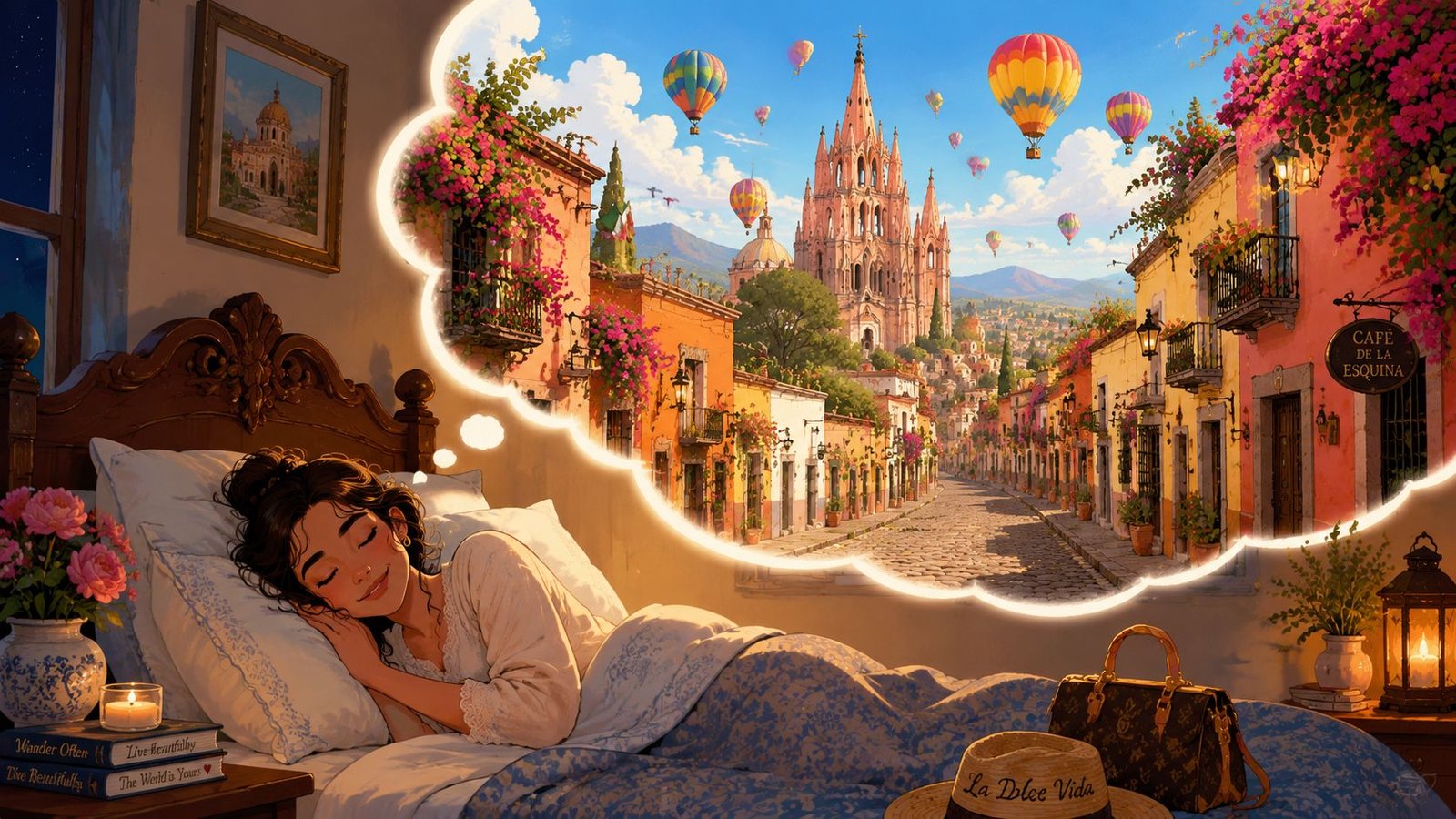 A young woman peacefully sleeping in a bed while dreaming of a beautiful cobblestone street in San Miguel.