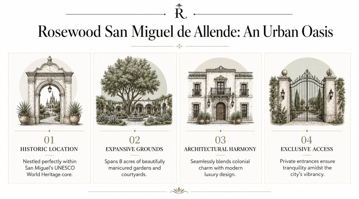 An infographic highlighting the luxury features of the Rosewood San Miguel de Allende hotel in Mexico.