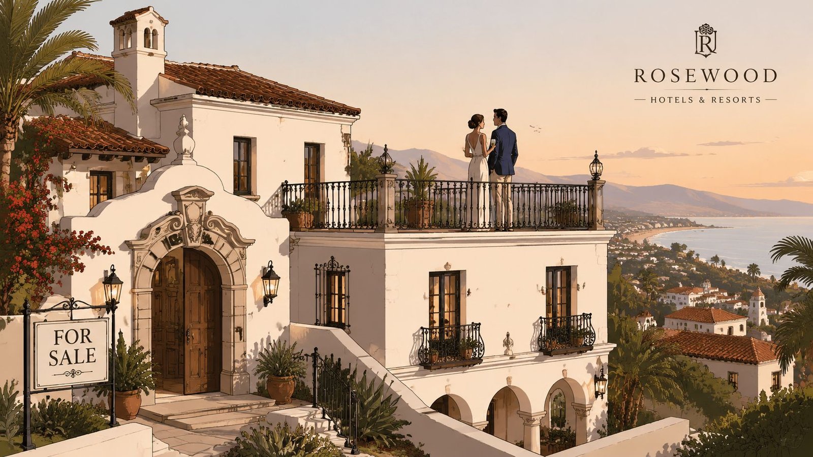 A couple standing on the balcony of a luxurious Mediterranean-style villa with ocean views in Mexico.