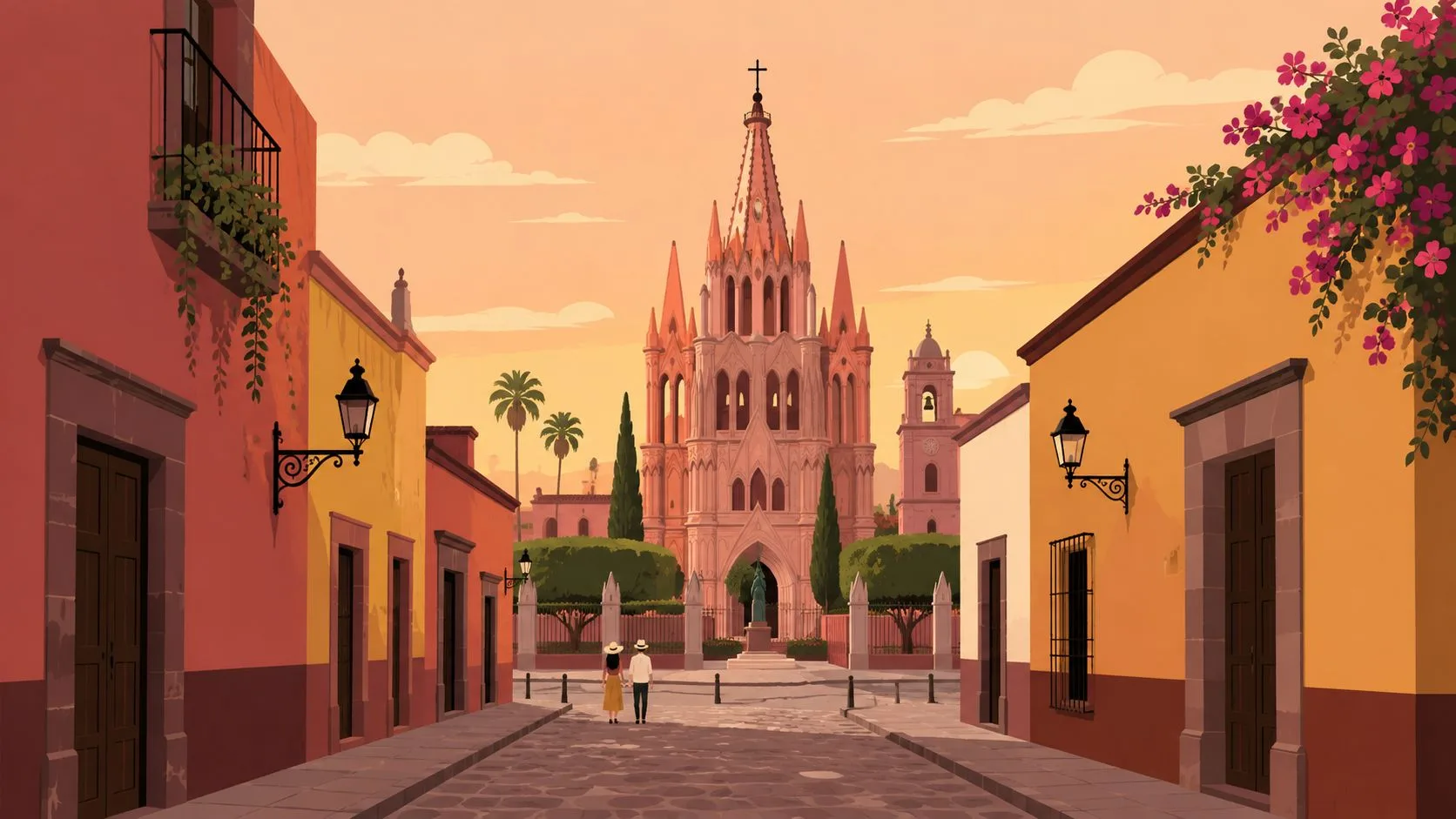 A couple walking down a cobblestone street toward the iconic pink church in San Miguel de Allende, Mexico.