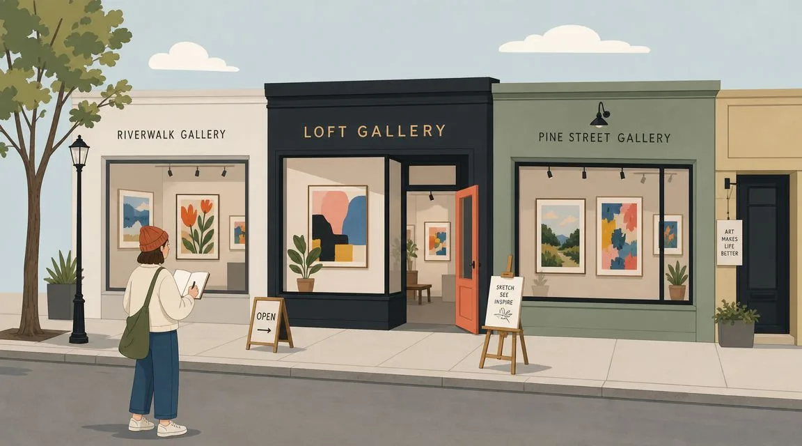 An illustrated woman sketching in front of three charming art galleries located on a quaint street.