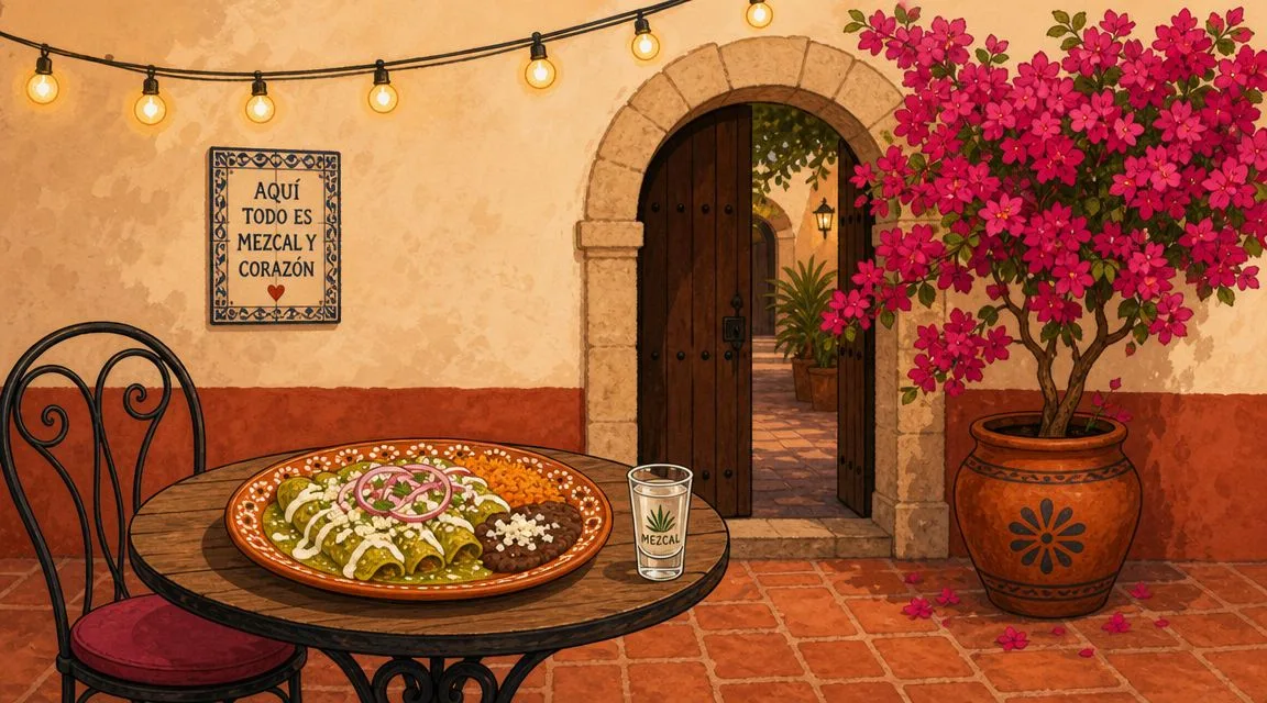 A scenic patio table featuring Mexican enchiladas and a glass of mezcal in San Miguel de Allende.