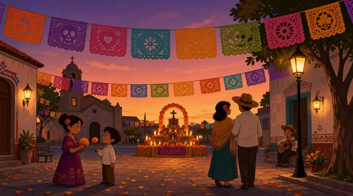A family celebrating Day of the Dead in a vibrant town square decorated with colorful papel picado.
