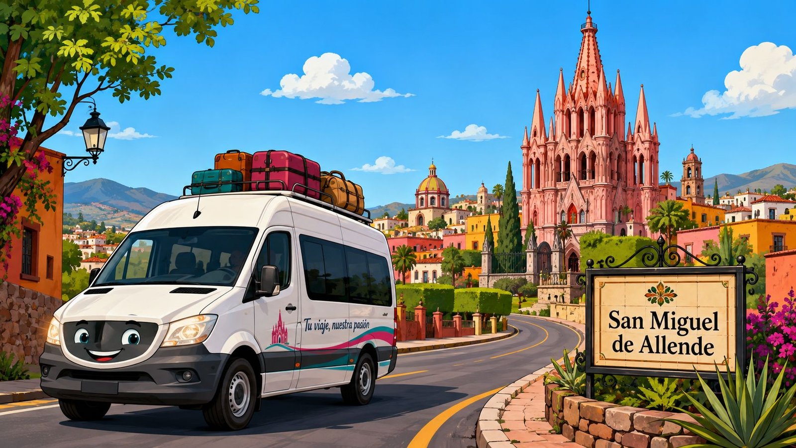 A friendly white shuttle van arriving in San Miguel de Allende with the iconic church in background.
