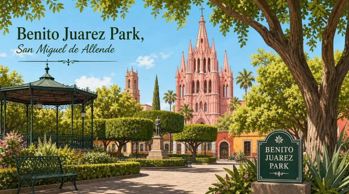 A picturesque park in San Miguel de Allende with a green gazebo and the iconic pink church.
