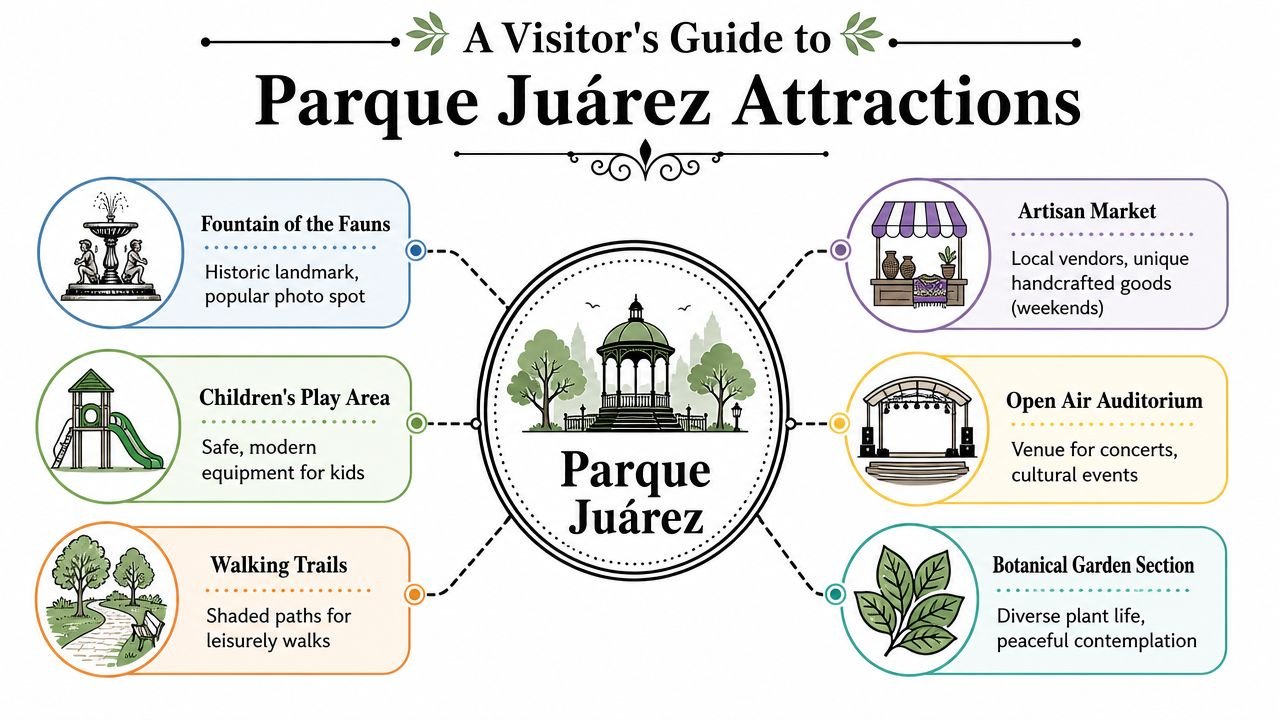 Benito Juarez Park: Your 2026 Guide to San Miguel Living - Inside San Miguel A visitor's guide infographic showcasing six main attractions and features of the beautiful Parque Juárez park.