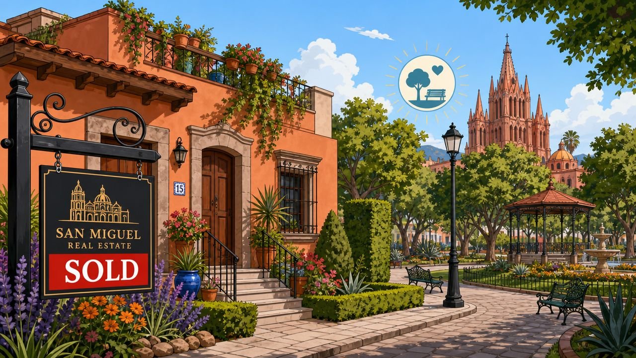 Benito Juarez Park: Your 2026 Guide to San Miguel Living - Inside San Miguel A picturesque terracotta house with a sold sign overlooking a beautiful park near a historic church.