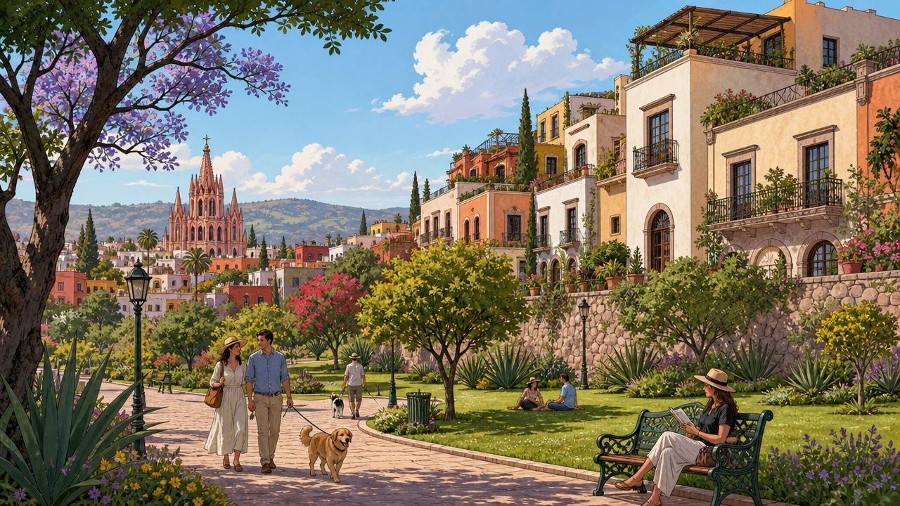 Benito Juarez Park: Your 2026 Guide to San Miguel Living - Inside San Miguel A couple walks a dog through Benito Juarez Park with the iconic Parroquia de San Miguel Arcangel beyond.