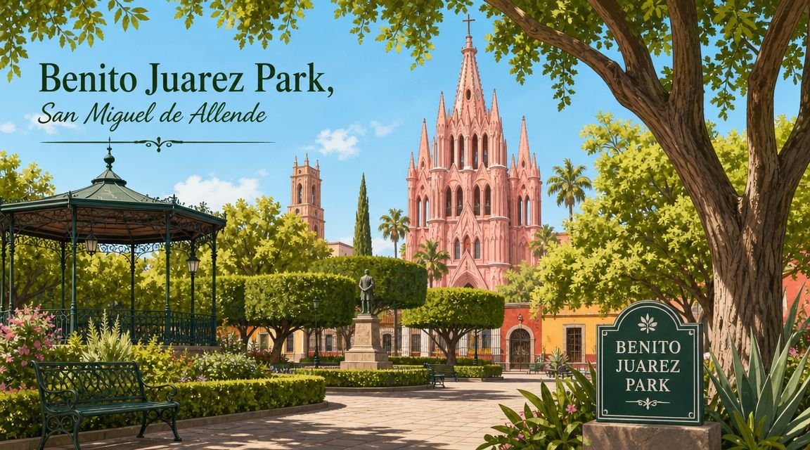 Benito Juarez Park: Your 2026 Guide to San Miguel Living - Inside San Miguel A picturesque park in San Miguel de Allende with a green gazebo and the iconic pink church.