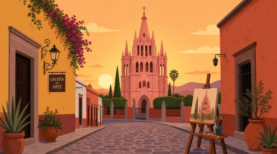 A scenic illustration of a cobblestone street in San Miguel de Allende leading to a majestic church.