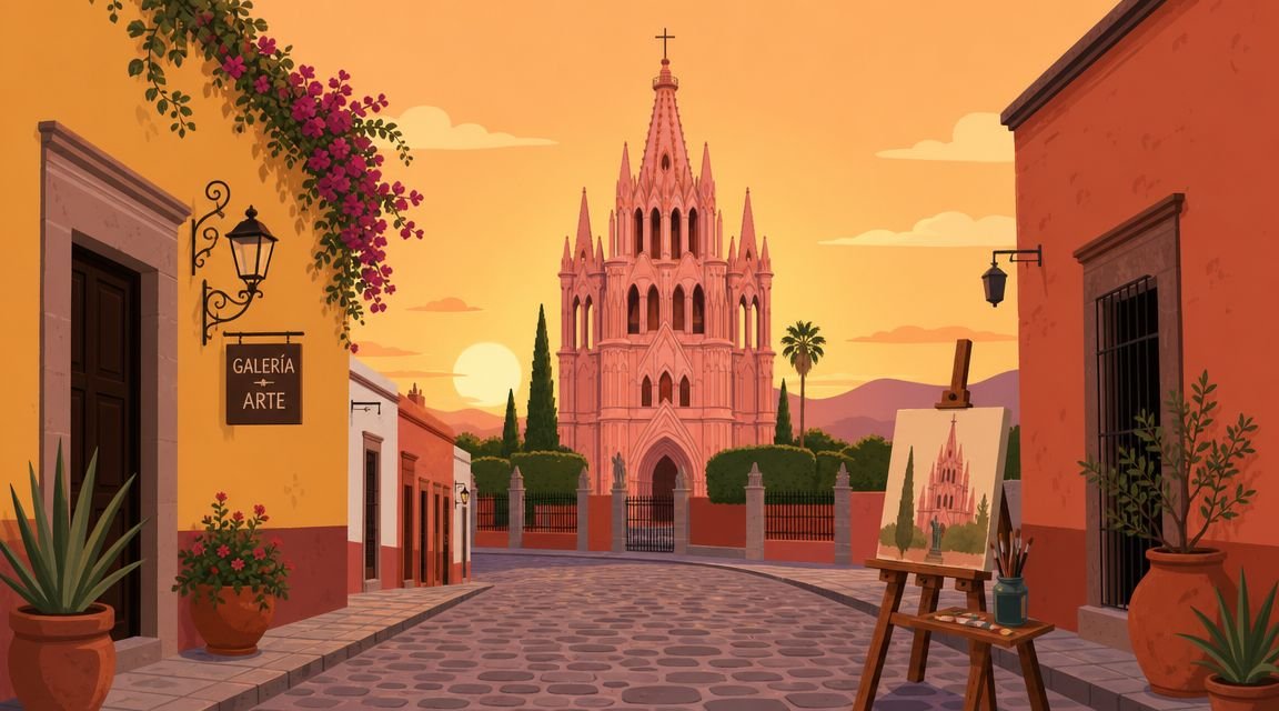 A scenic illustration of a cobblestone street in San Miguel de Allende leading to a majestic church.