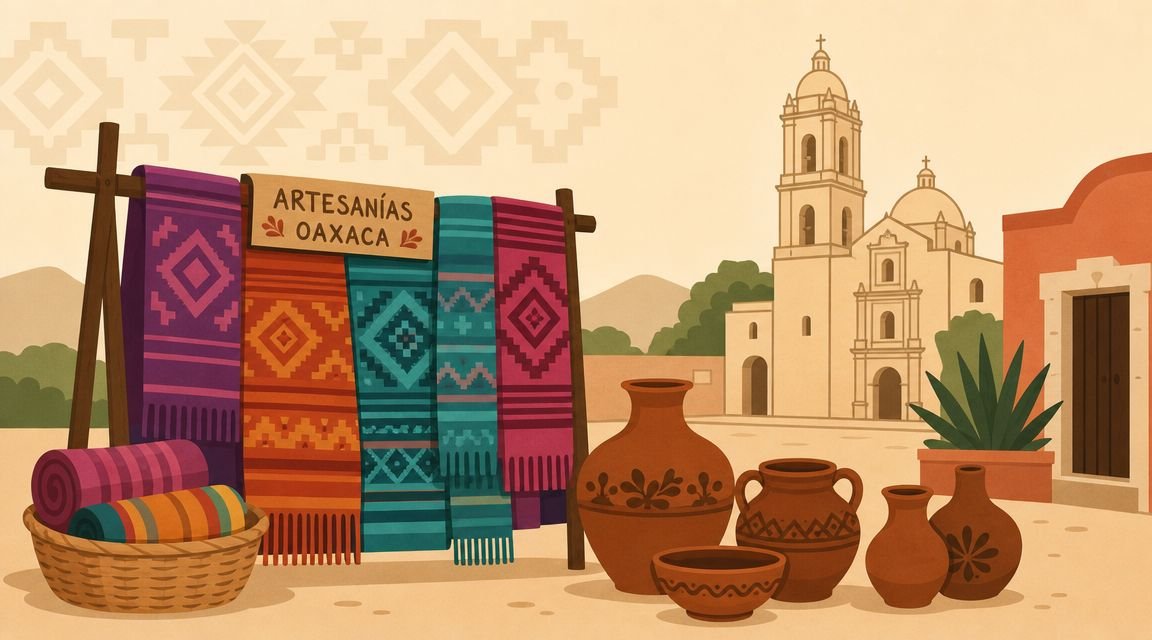 Colorful Oaxacan textiles and clay pottery displayed in front of a historic Mexican colonial church.