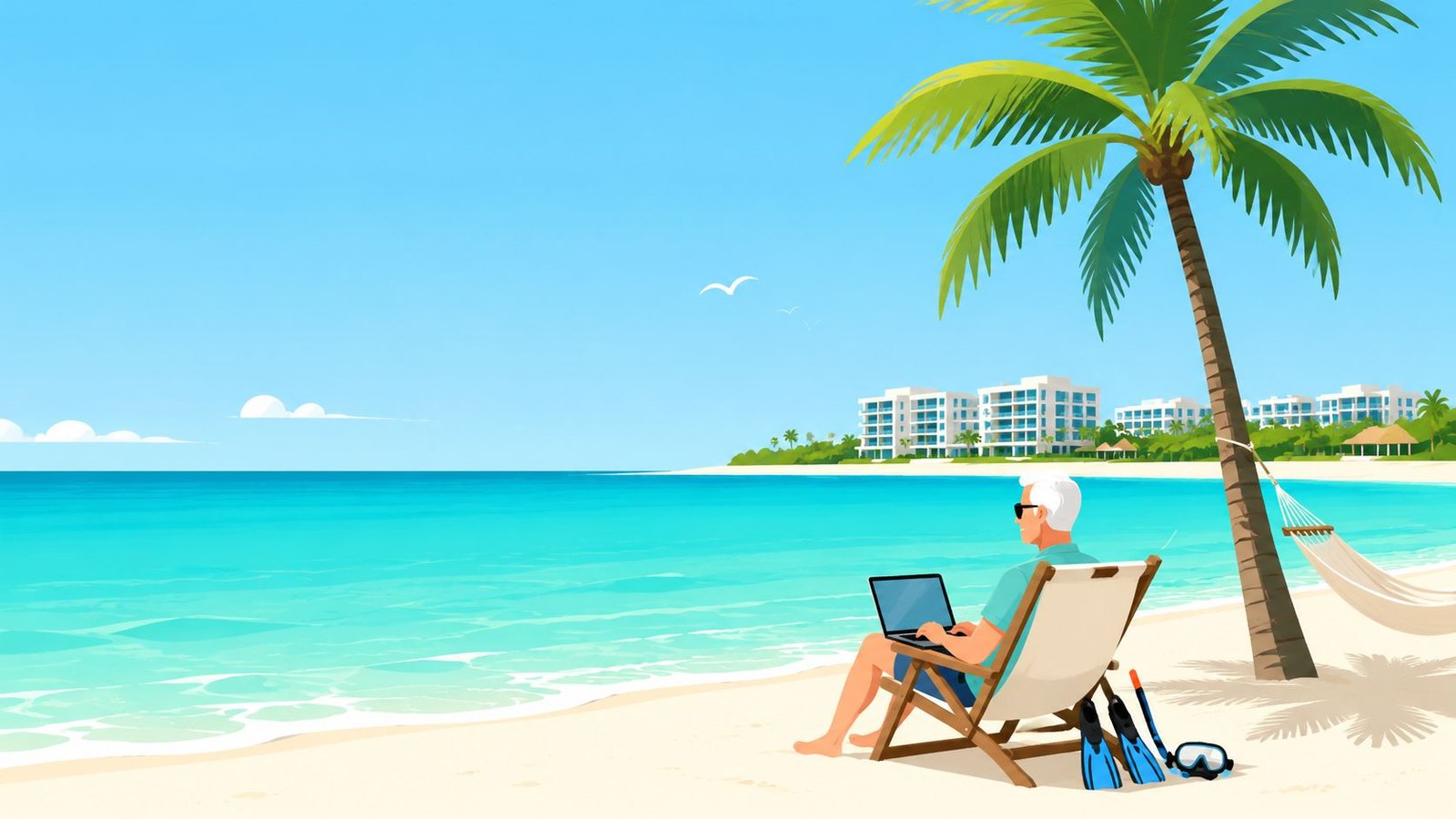 An older man with white hair works on his laptop while sitting on a beach chair in Mexico.