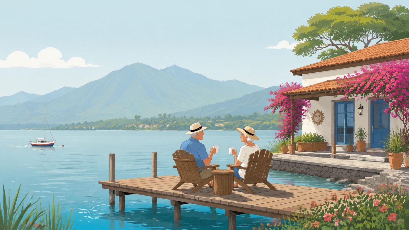 An elderly couple sits on a wooden dock by a lake in Mexico, enjoying coffee and mountain views.