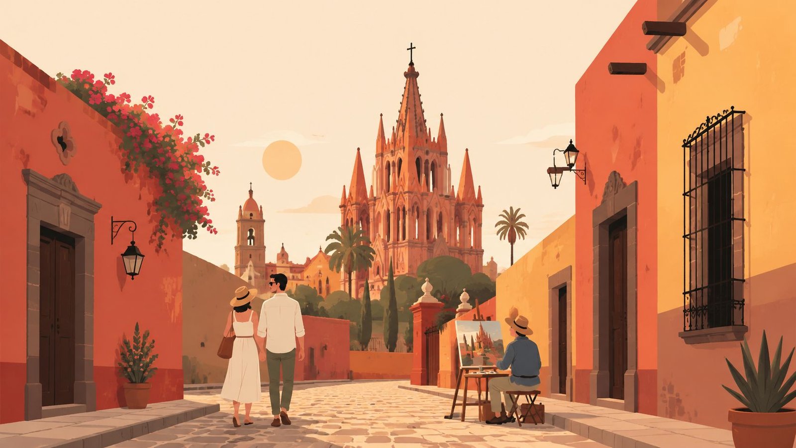 A couple walks on a cobblestone street in Mexico towards the iconic Parroquia de San Miguel Arcangel.