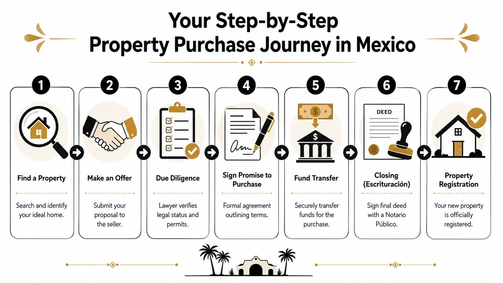 An infographic showing the seven-step process for purchasing a property in Mexico with clear icons.