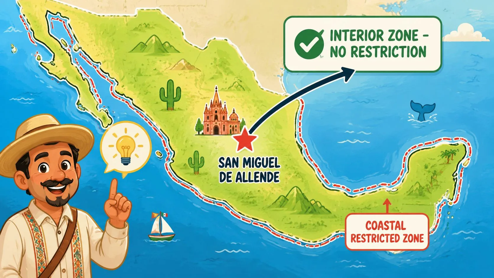 A map of Mexico illustrating property ownership restrictions for foreigners, highlighting interior and coastal zones.