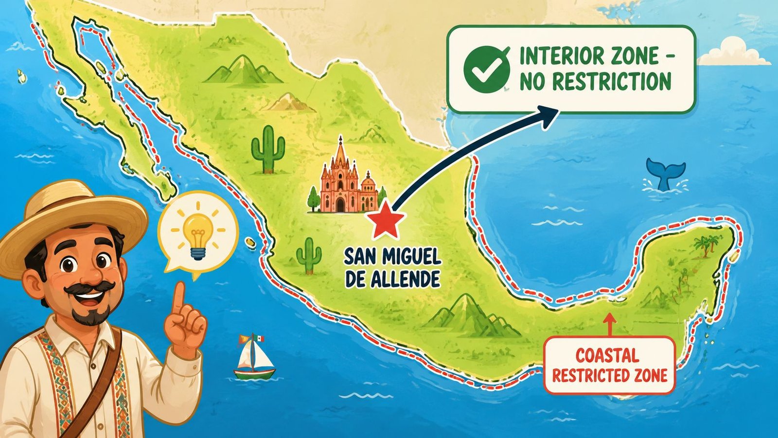 A map of Mexico illustrating property ownership restrictions for foreigners, highlighting interior and coastal zones.