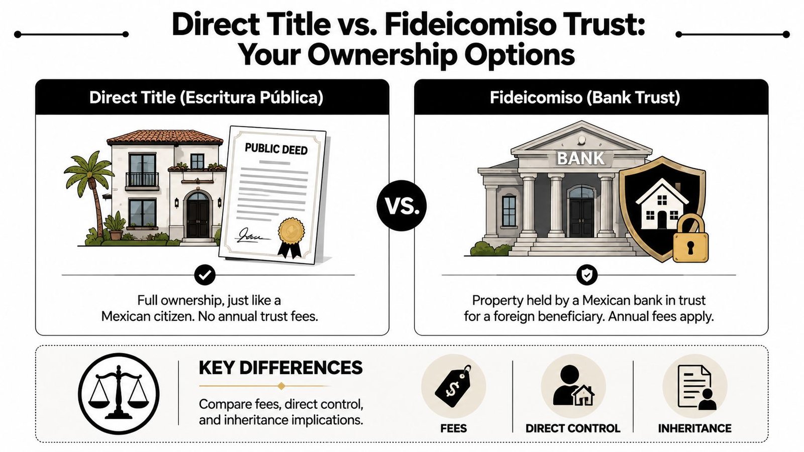 An infographic comparing Direct Title and Fideicomiso Bank Trust ownership options for property in Mexico.