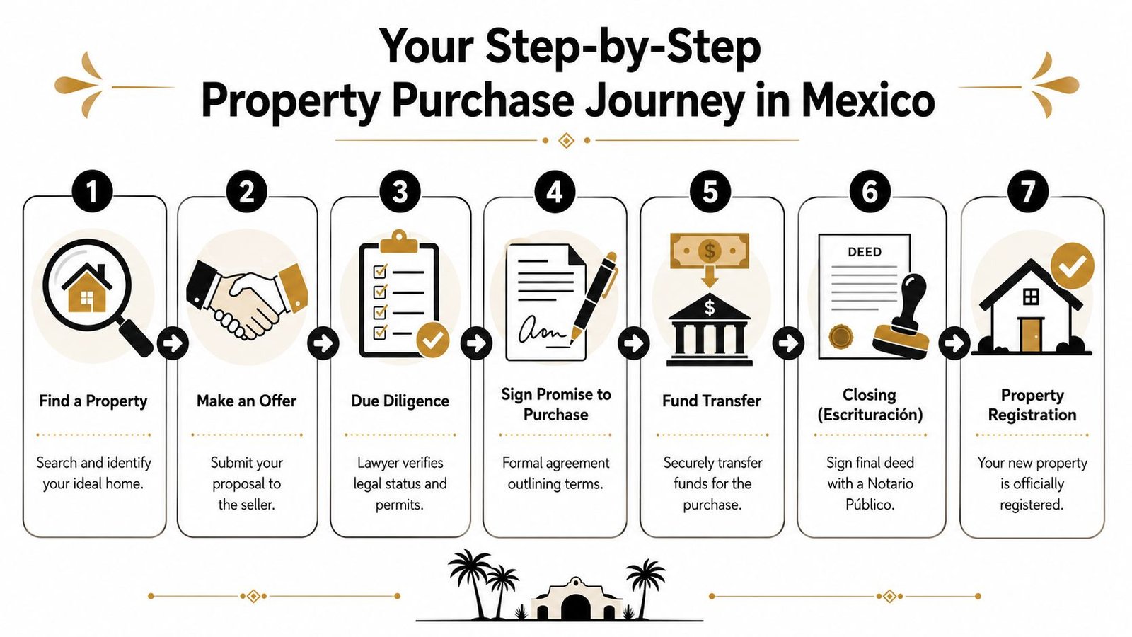 An infographic showing the seven-step process for purchasing a property in Mexico with clear icons.