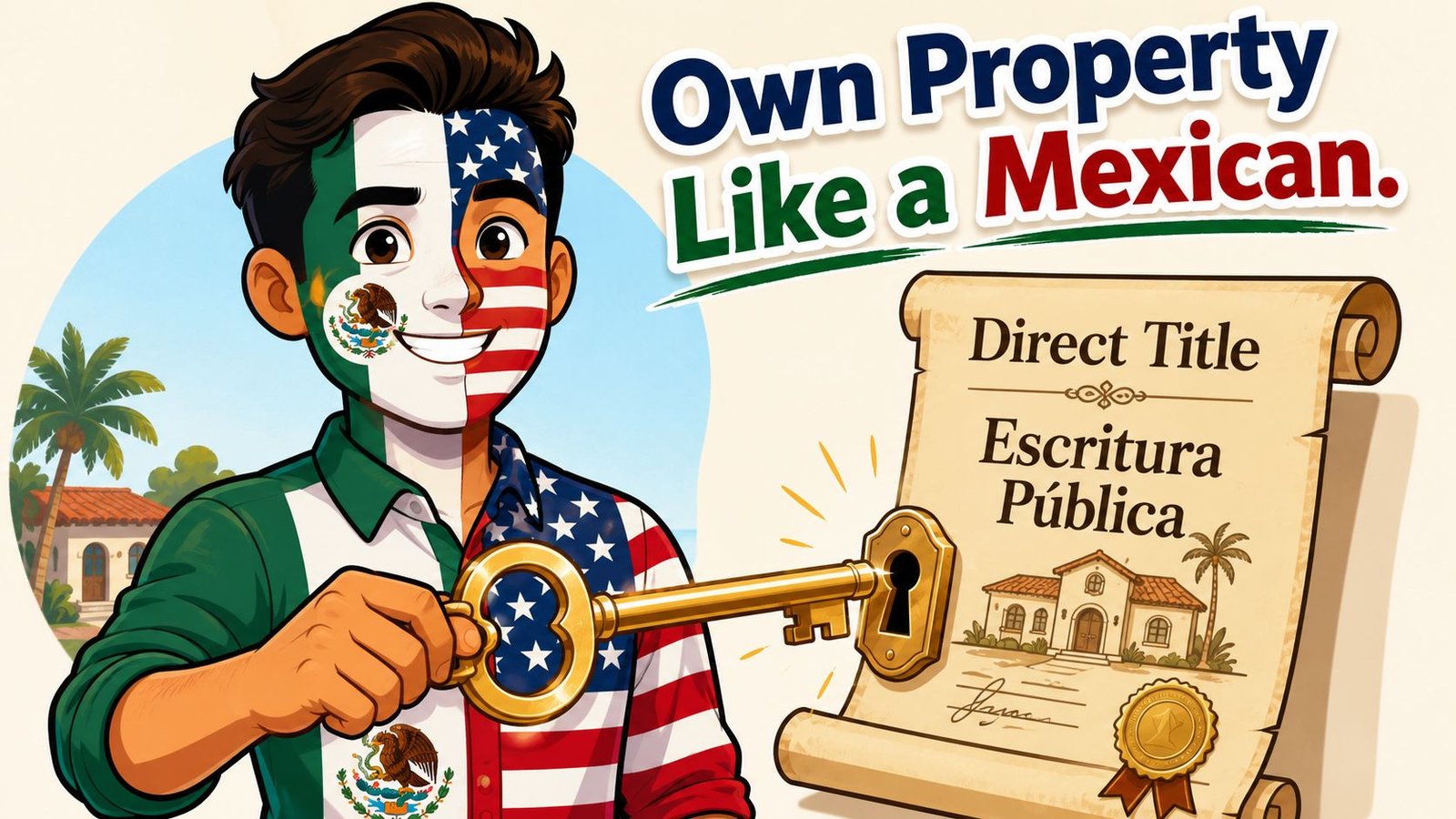 A person with dual US and Mexican flag face paint holding a golden key to a property title.