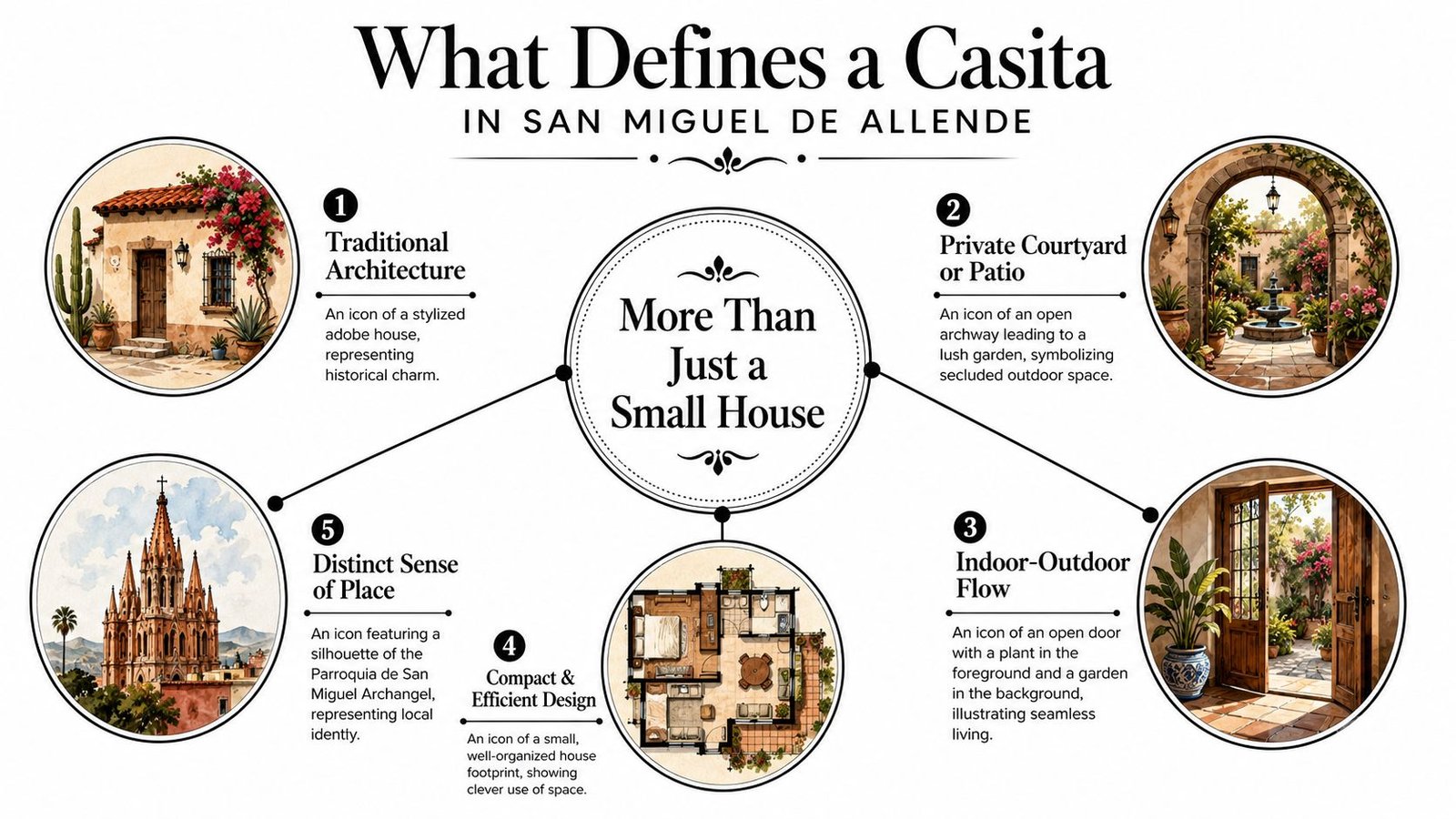 Casitas San Miguel De Allende: 2026 Buyer's Guide - Inside San Miguel An infographic titled What Defines a Casita in San Miguel de Allende, illustrating five key architectural characteristics.