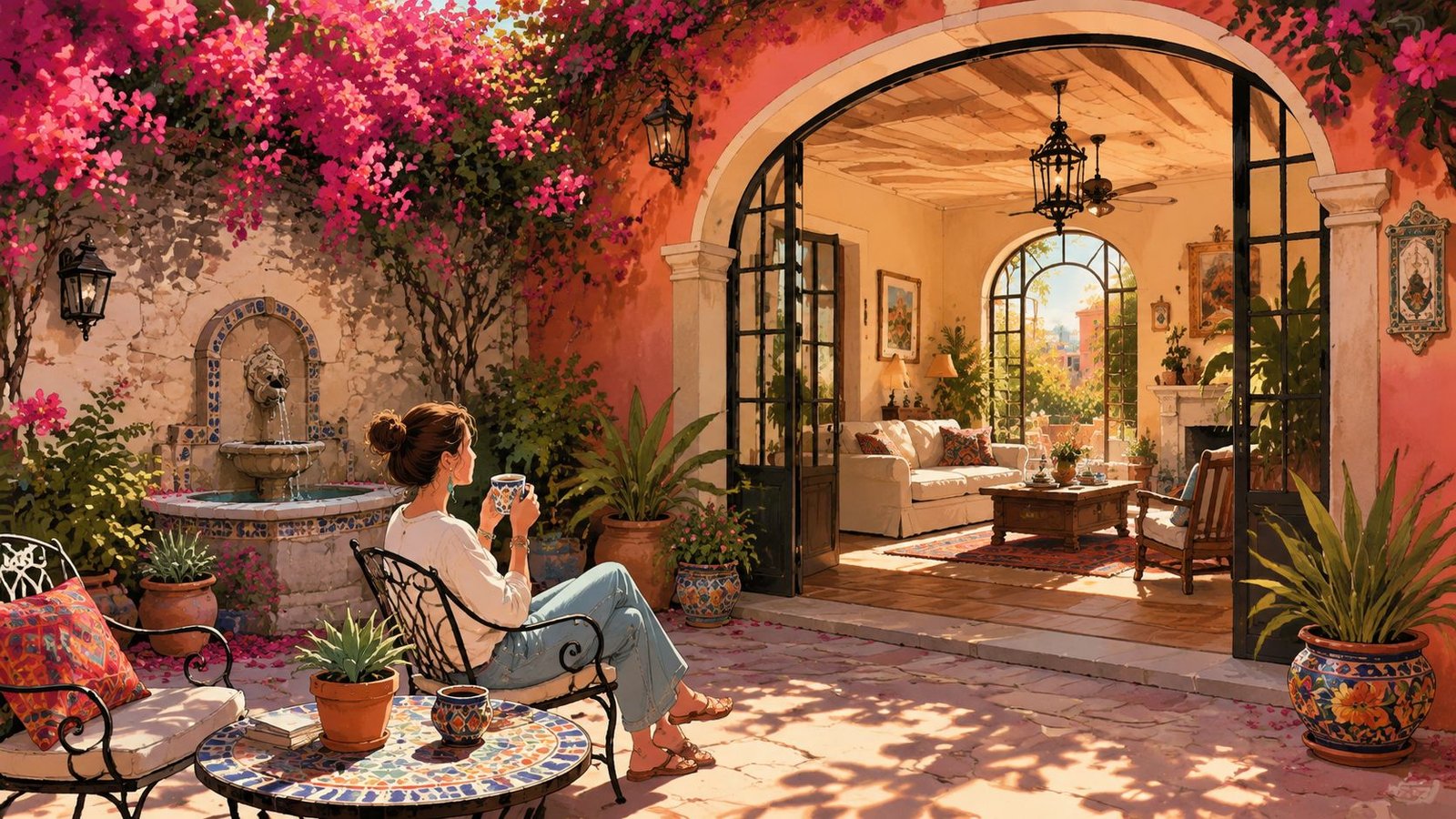 Casitas San Miguel De Allende: 2026 Buyer's Guide - Inside San Miguel A woman relaxes with a coffee in a vibrant, sunlit courtyard in San Miguel de Allende, Mexico.