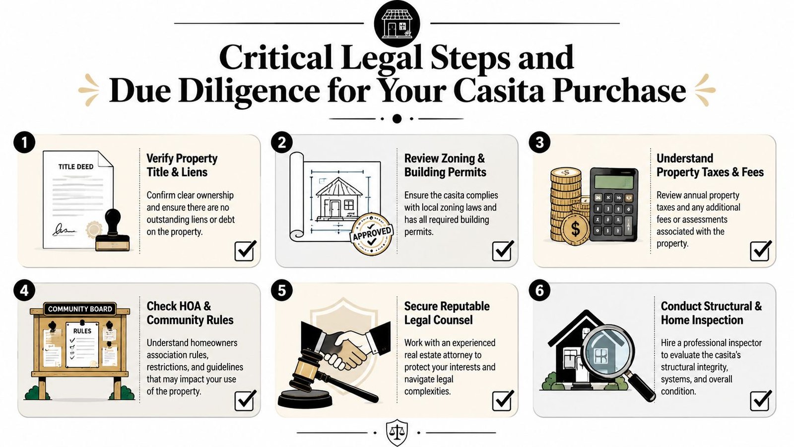 Casitas San Miguel De Allende: 2026 Buyer's Guide - Inside San Miguel An infographic titled Critical Legal Steps and Due Diligence for Your Casita Purchase with six numbered steps.