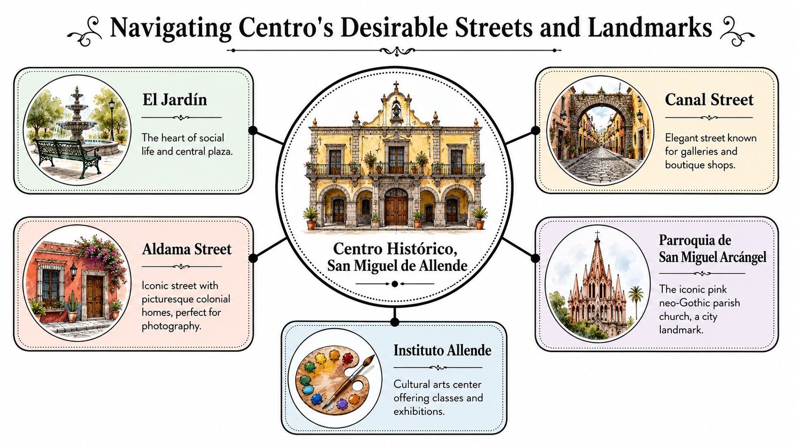Centro San Miguel Real Estate: 2026 Buyer's Guide - Inside San Miguel A map illustration showcasing popular landmarks and historic streets in Centro Histórico, San Miguel de Allende, Mexico.