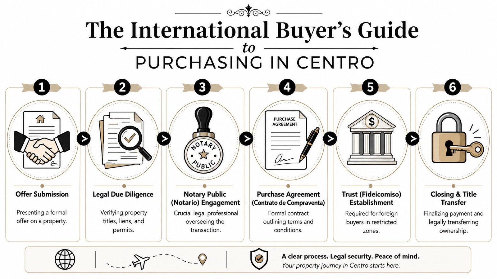 Centro San Miguel Real Estate: 2026 Buyer's Guide - Inside San Miguel A step-by-step infographic titled The International Buyer's Guide to Purchasing in Centro, outlining six essential real estate stages.