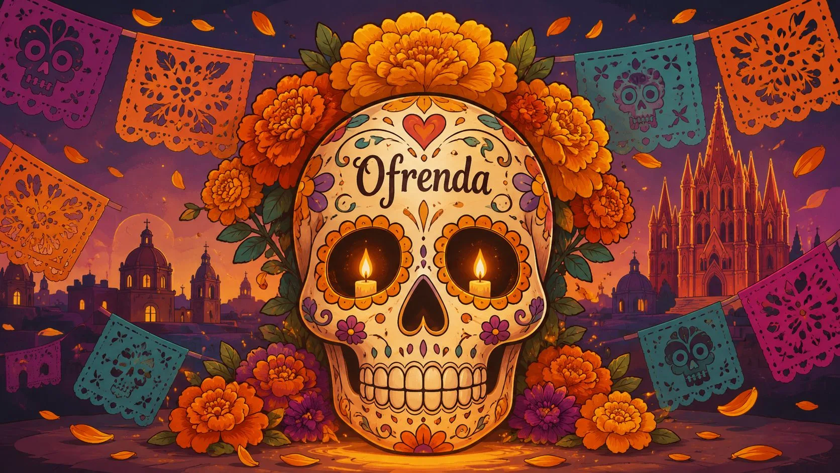 Day of the Dead San Miguel De Allende 2026: Events & Guide - Inside San Miguel A decorated sugar skull surrounded by vibrant marigold flowers and festive paper banners in San Miguel de Allende.