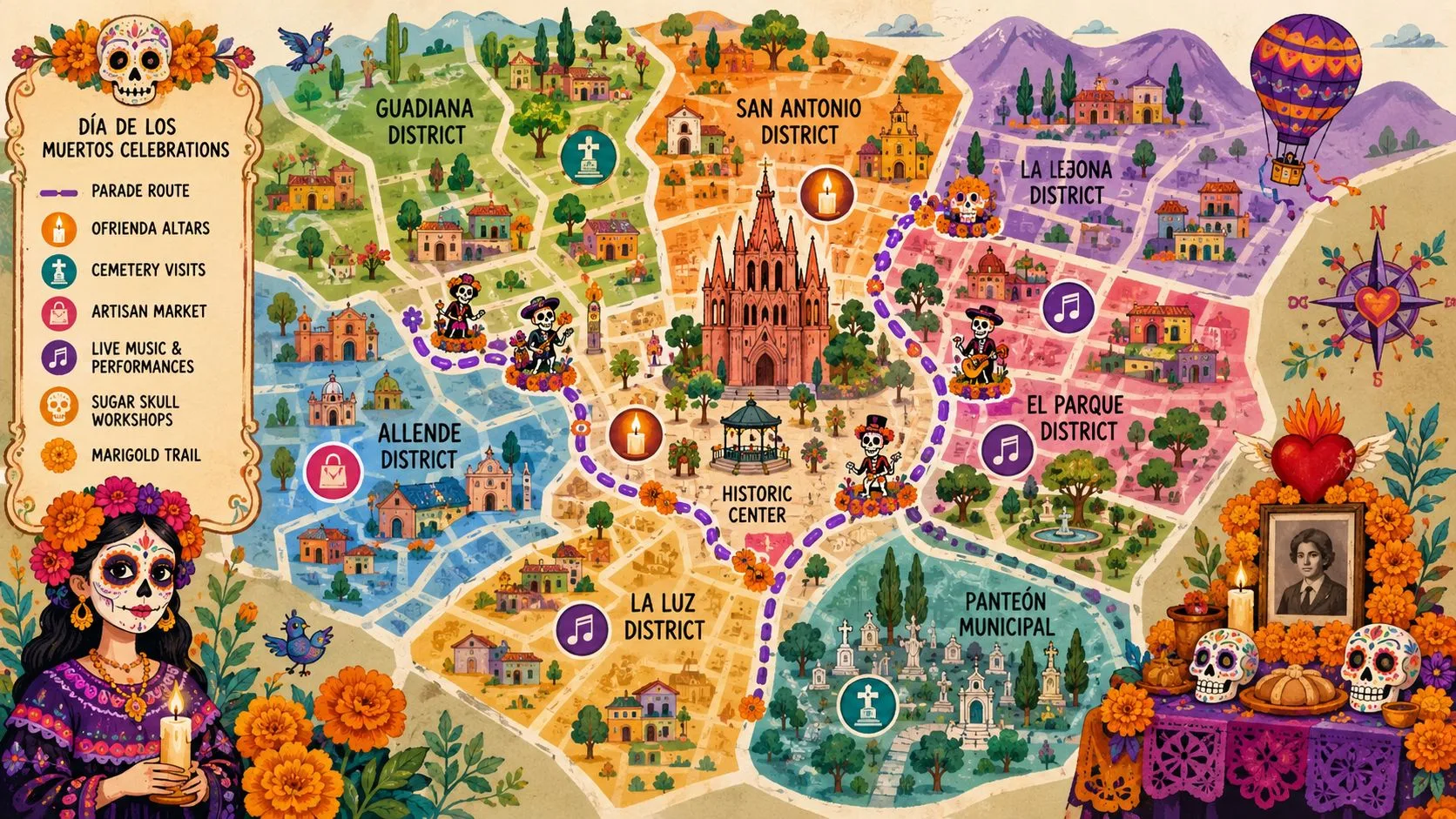 Day of the Dead San Miguel De Allende 2026: Events & Guide - Inside San Miguel A detailed, colorful illustrated map of San Miguel de Allende celebrating the Day of the Dead festival.