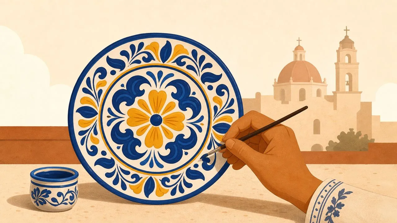 An artist's hand painting a traditional ceramic plate with a San Miguel de Allende church in background.