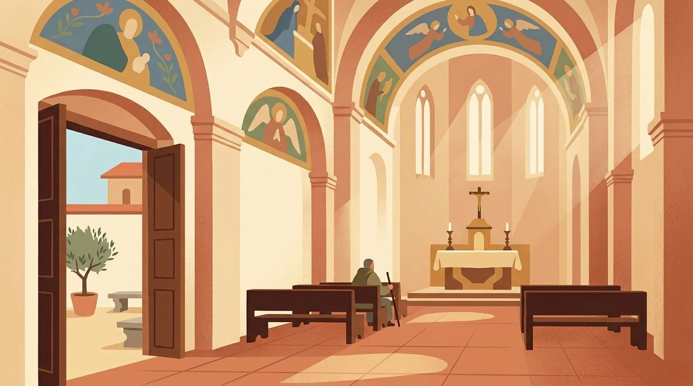 A peaceful illustration of an interior of a historic stone chapel with a person sitting on a bench.