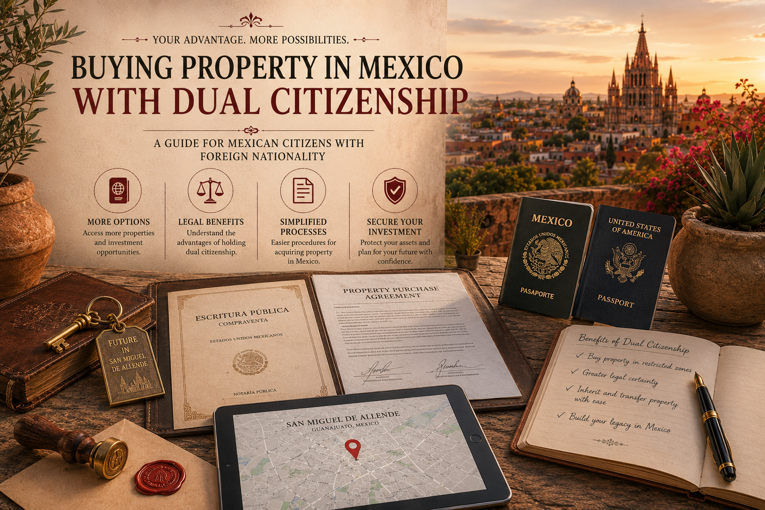 documentos notariales en un escritorio en una terraza con vista a la parroqiua de san miguel de allende