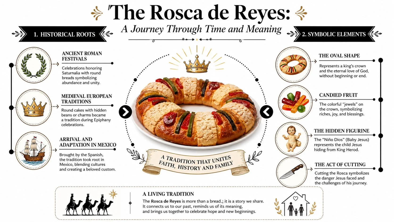 An infographic detailing the history and symbolic elements of the traditional Rosca de Reyes bread.