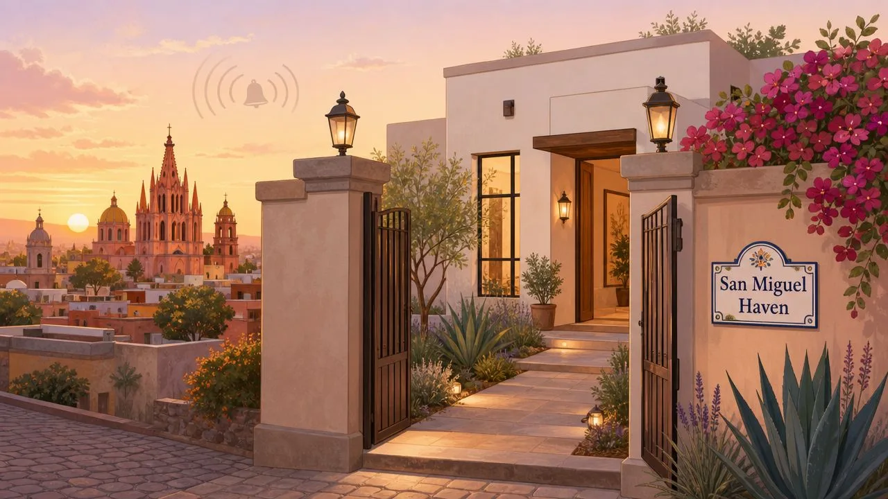 A serene villa entrance in San Miguel de Allende overlooking the iconic church at sunset.