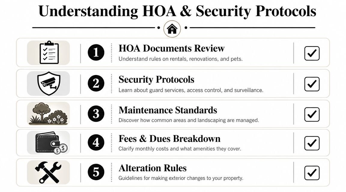 A checklist infographic outlining five key points to consider for homeowners associations and security protocols.