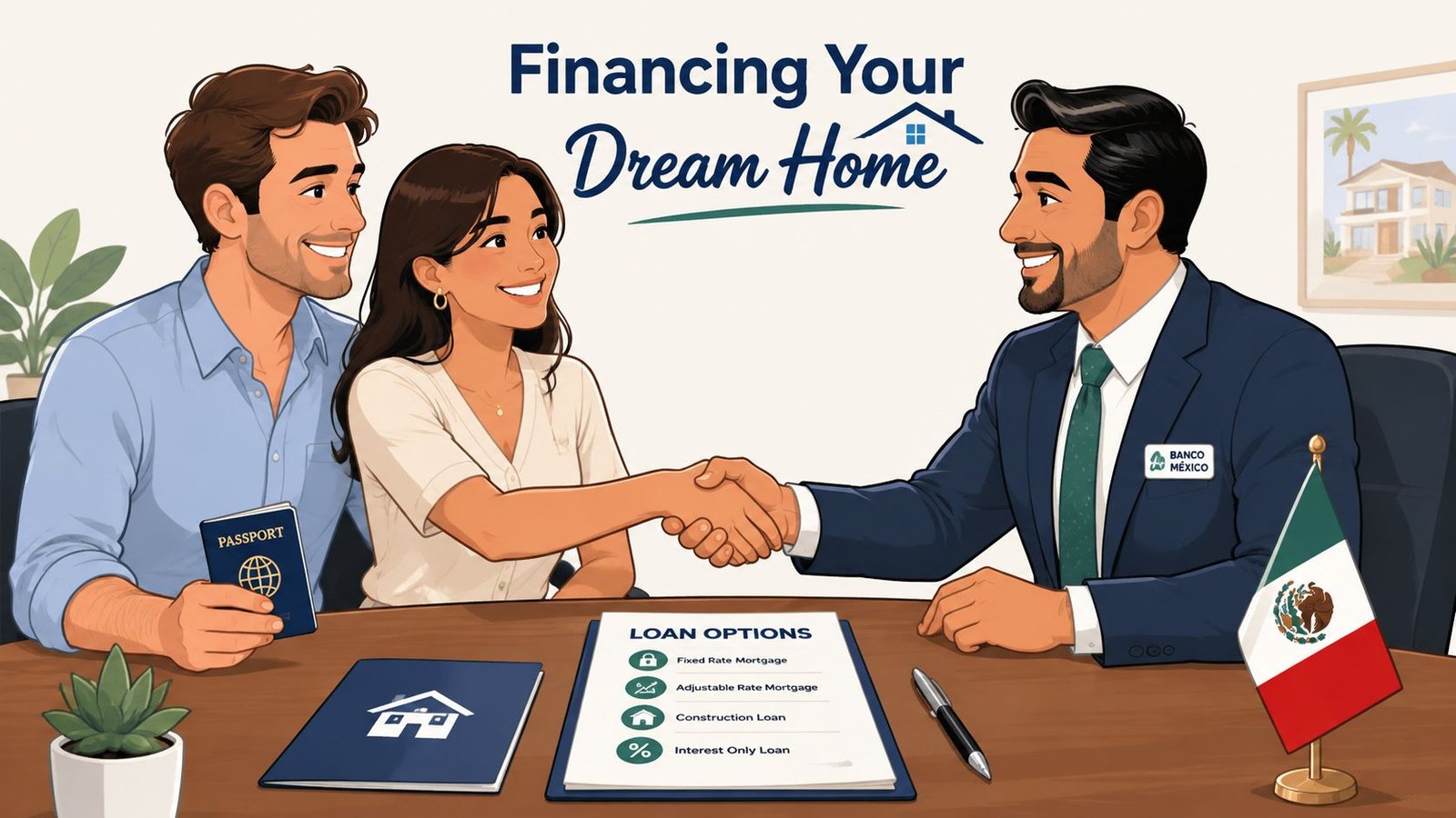 A couple shaking hands with a bank loan officer in an office to finance their dream home.