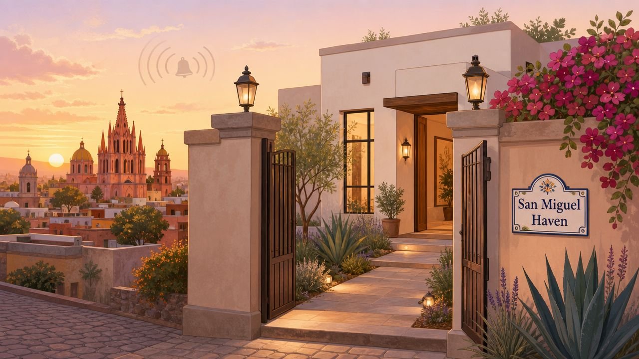 A serene villa entrance in San Miguel de Allende overlooking the iconic church at sunset.
