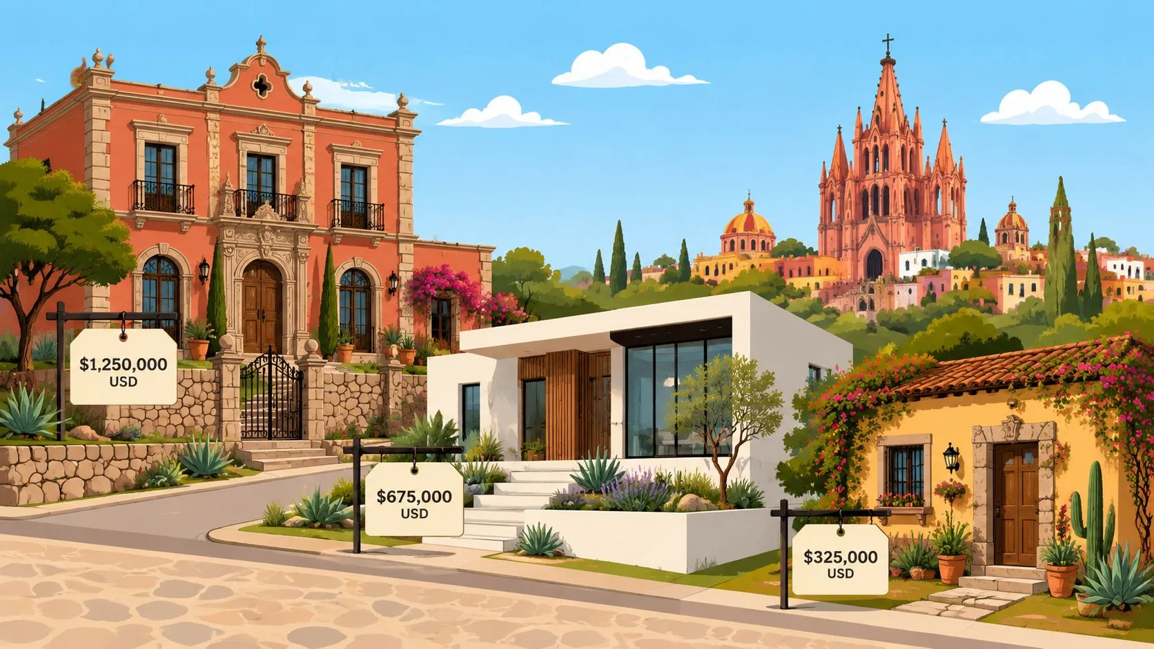 A scenic illustration showing various house styles for sale in San Miguel de Allende, Mexico.