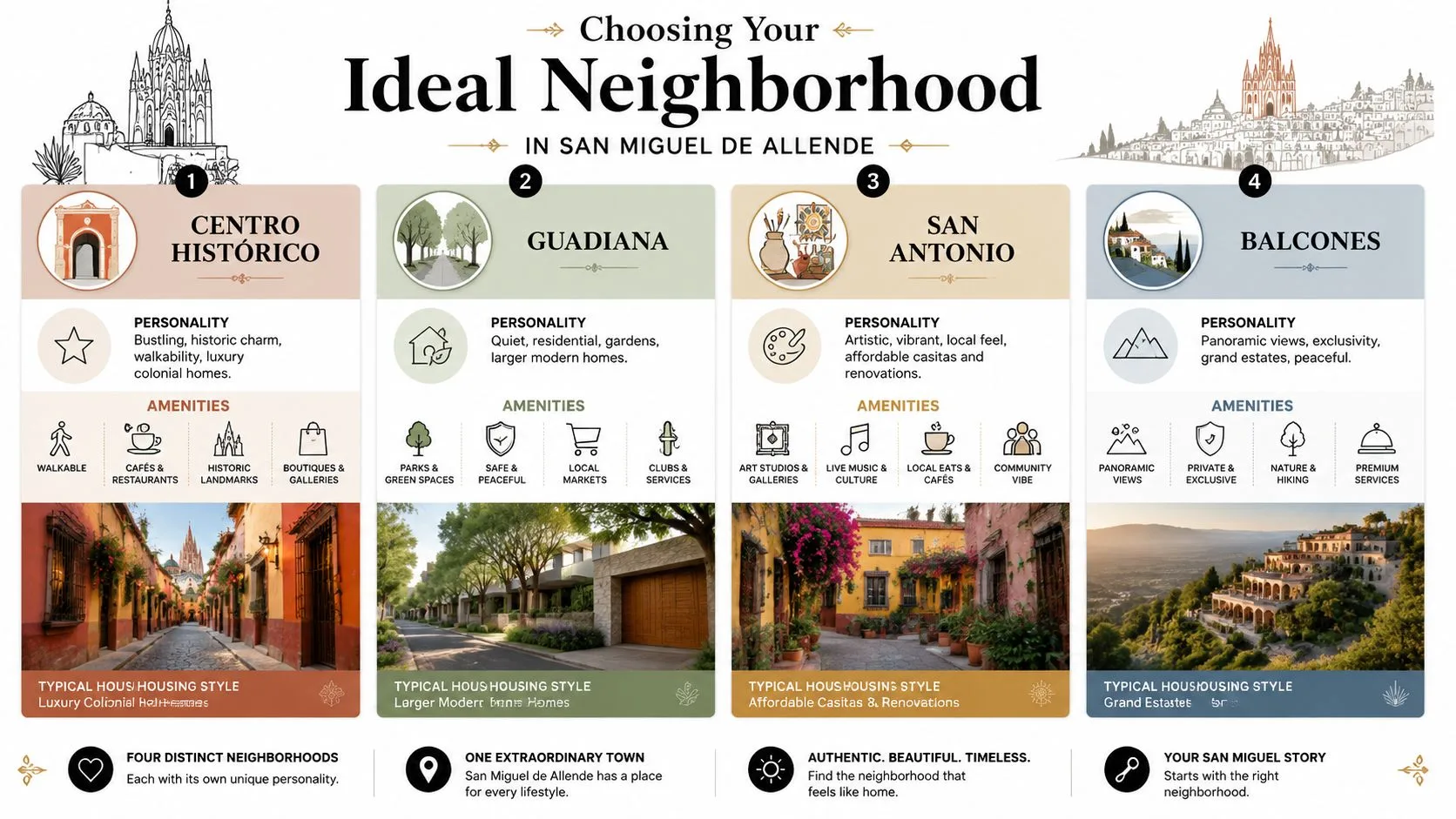 An infographic showing four distinct neighborhoods in San Miguel de Allende, Mexico, with descriptions and typical housing styles.